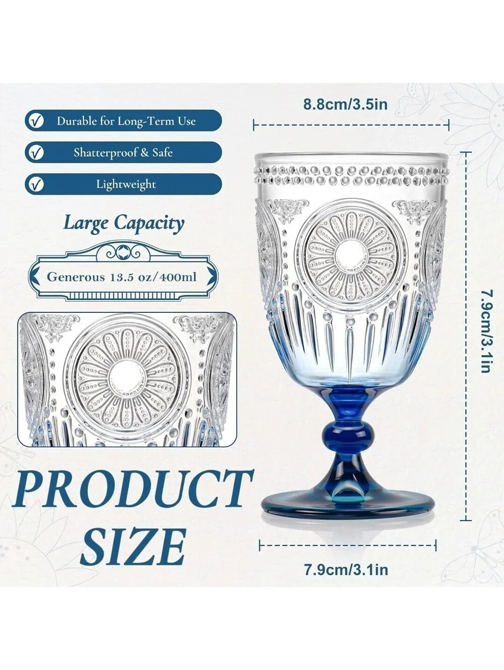 12-Piece 13.5 oz Blue Plastic Wine Glasses Embossed Reusable Goblets
